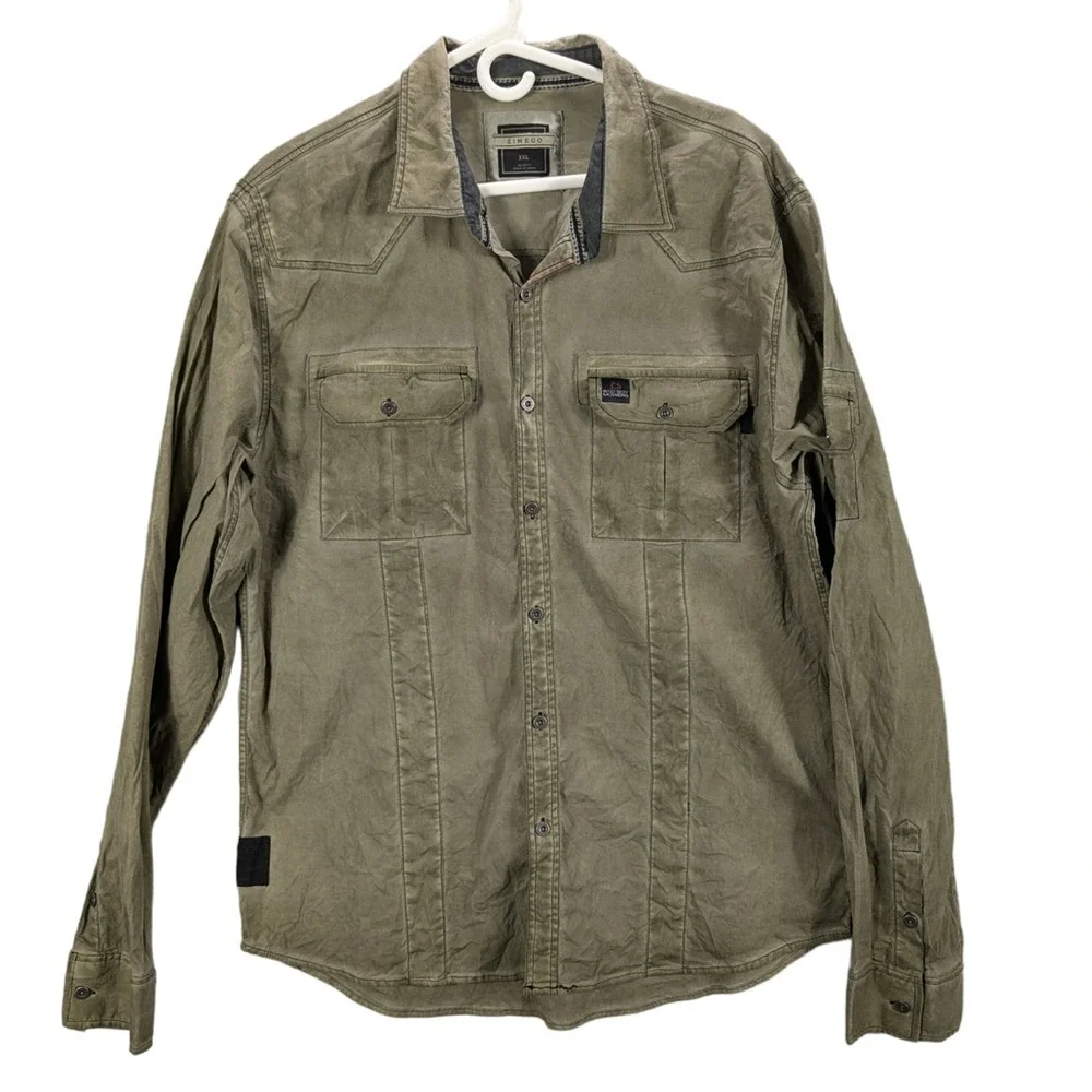 Zimego Military Shirt Mens XXL Button up Long sleeve Green Stretch Rodeo Ranch